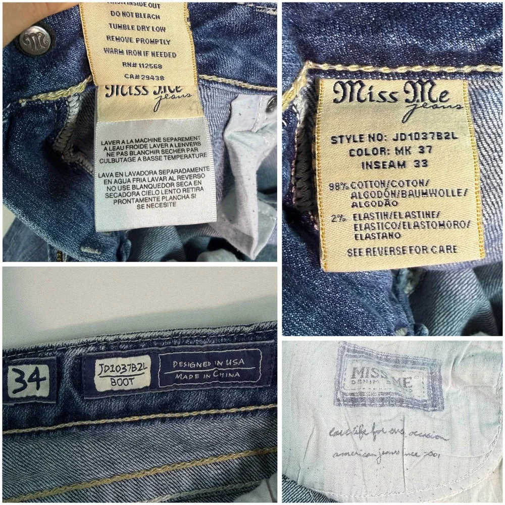 Miss Me Bootcut Jeans Medium Wash‎ Embroidered Rhinestone Pockets Size 36x33